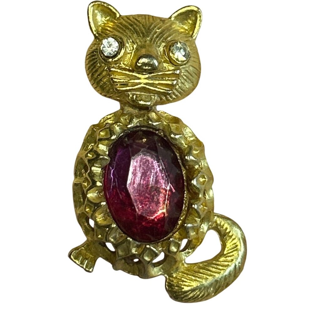 Vintage Gold-Tone Cat Brooch With Pink Gem Belly & Rhinestone Eyes